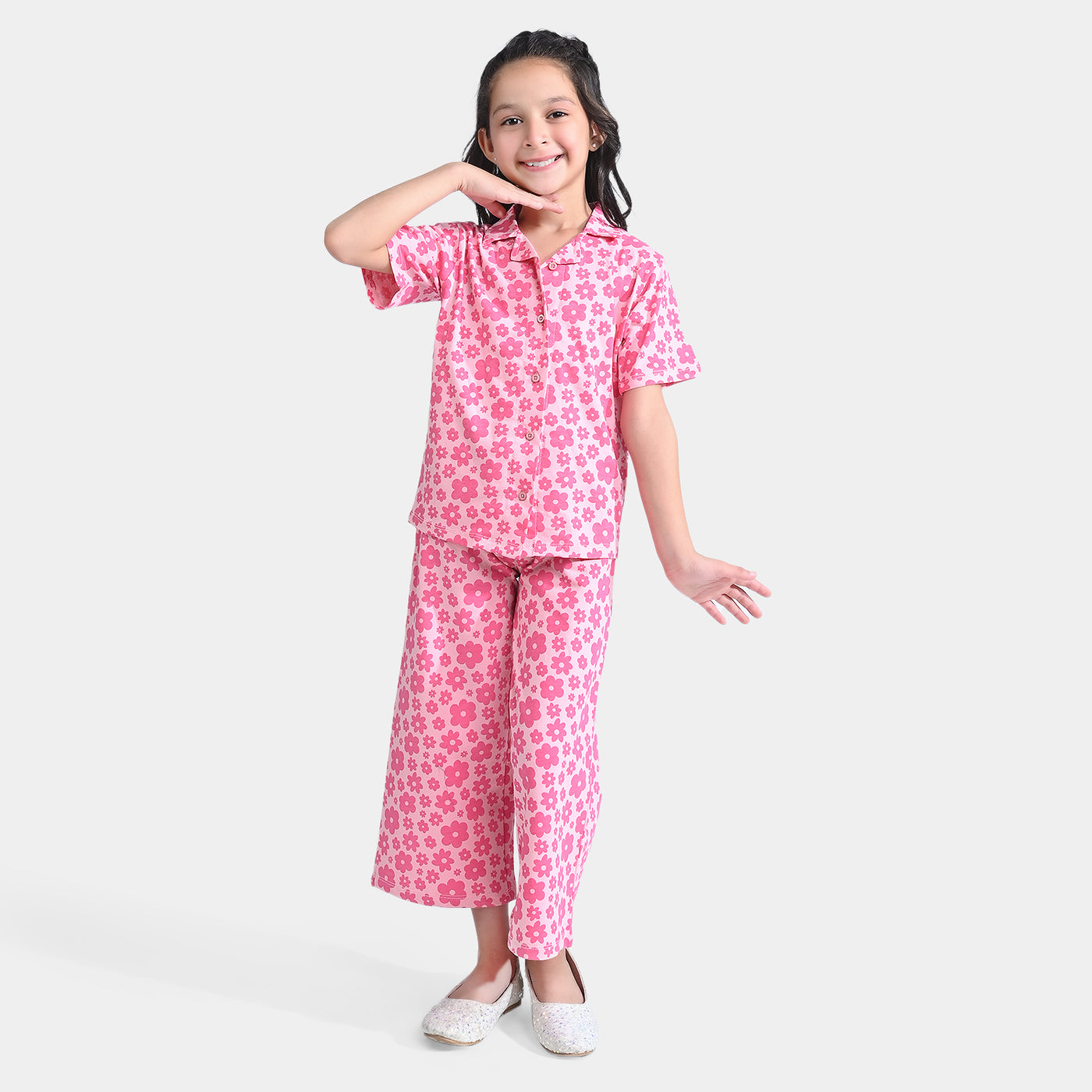 Girls Jersey/Terry 2 Piece Suit Flowers-Candy Pink