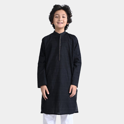 Boys Jacquard Embroidered Kurta-BLACK