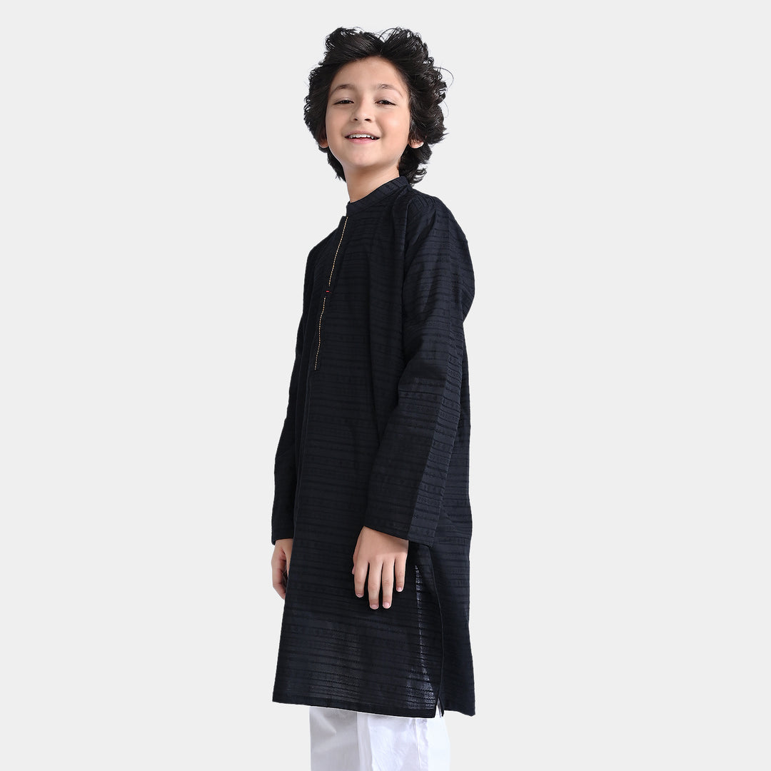 Boys Jacquard Embroidered Kurta-BLACK