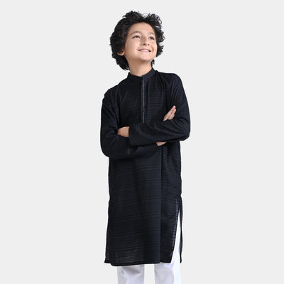 Boys Jacquard Embroidered Kurta-BLACK