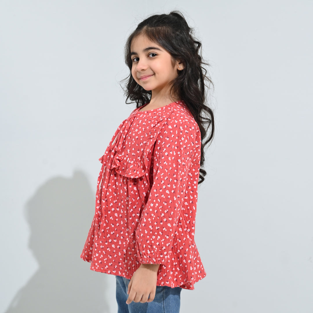 Girls Cotton Casual Frock White Flowers - RED