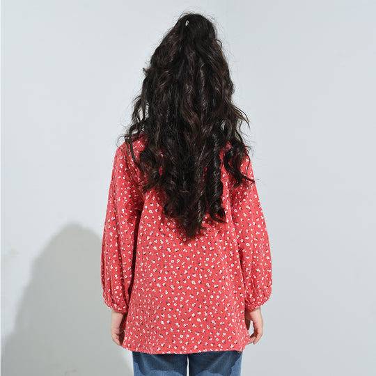 Girls Cotton Casual Frock White Flowers - RED