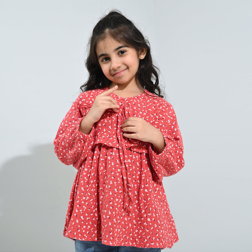 Girls Cotton Casual Frock White Flowers - RED