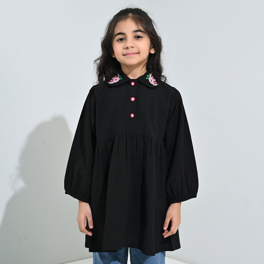 Girls Poly Crinkle Emb Frock-BLACK