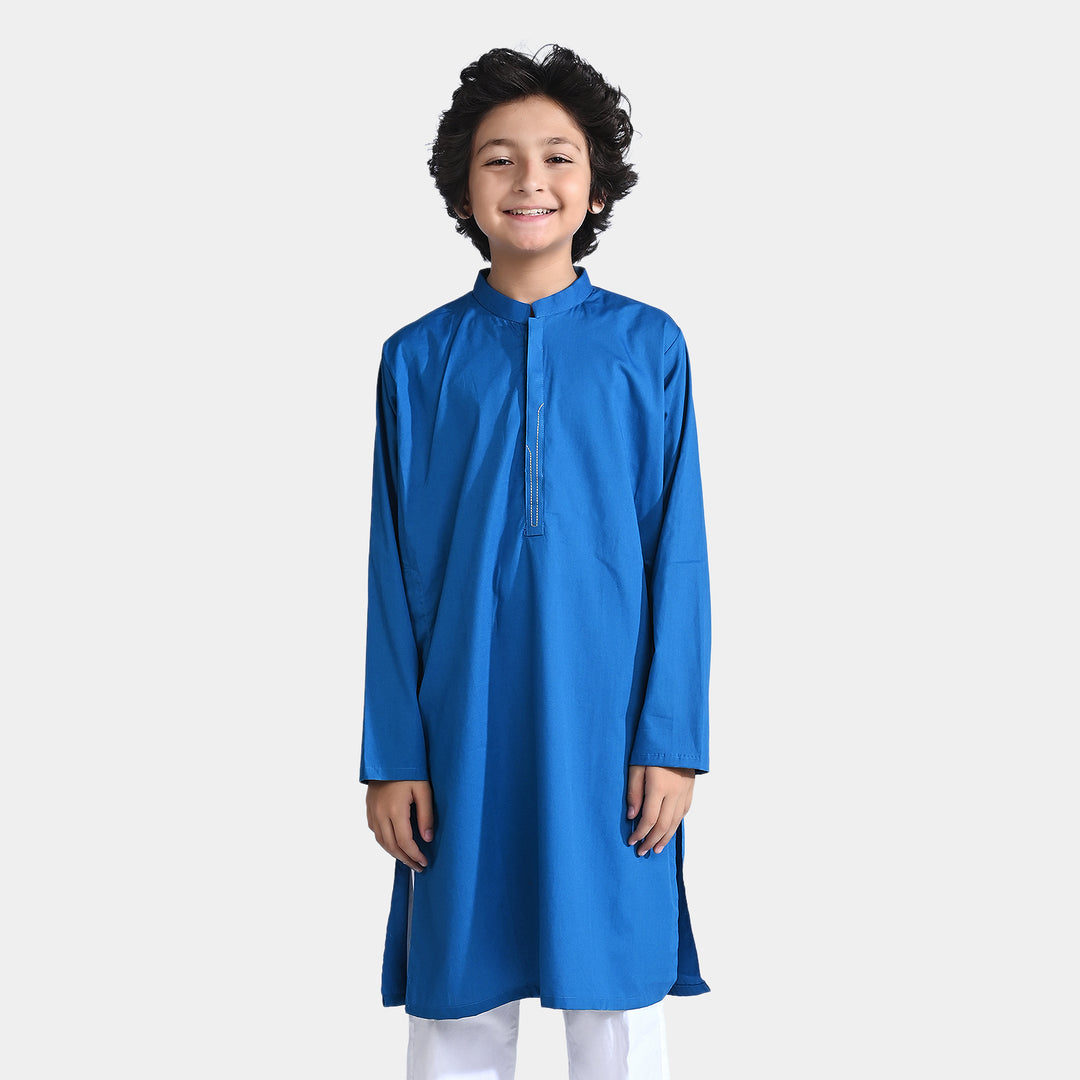 Boys Cotton Poplin Basic Kurta (Running Stitch)-Blue