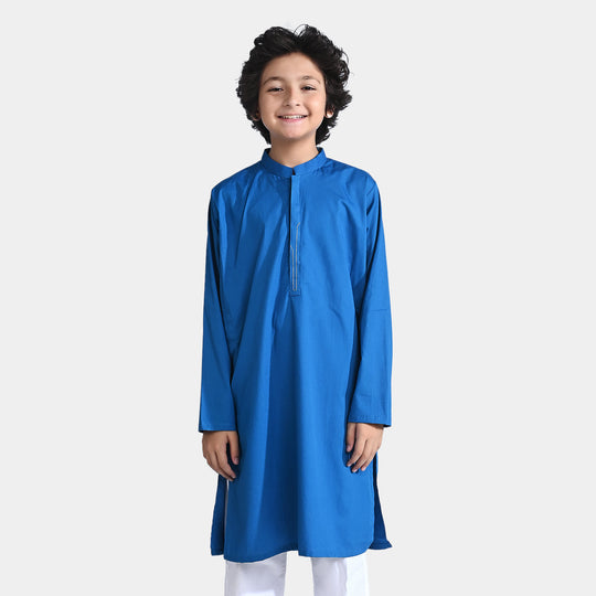 Boys Cotton Poplin Basic Kurta (Running Stitch)-Blue