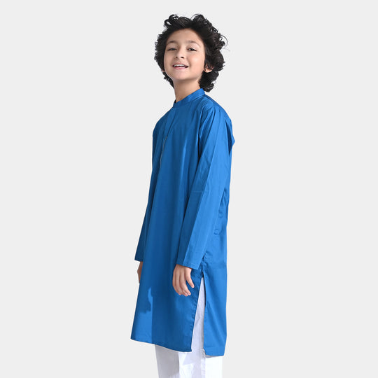 Boys Cotton Poplin Basic Kurta (Running Stitch)-Blue