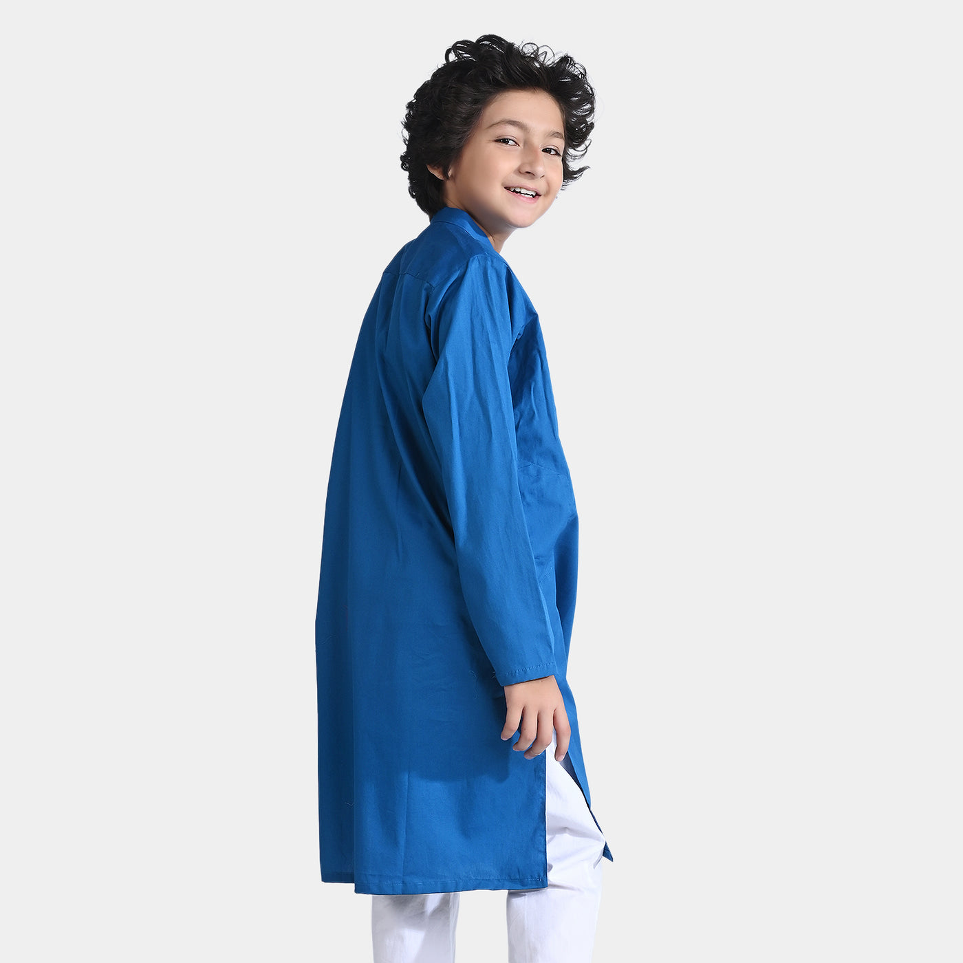 Boys Cotton Poplin Basic Kurta (Running Stitch)-Blue