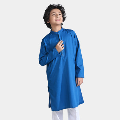 Boys Cotton Poplin Basic Kurta (Running Stitch)-Blue