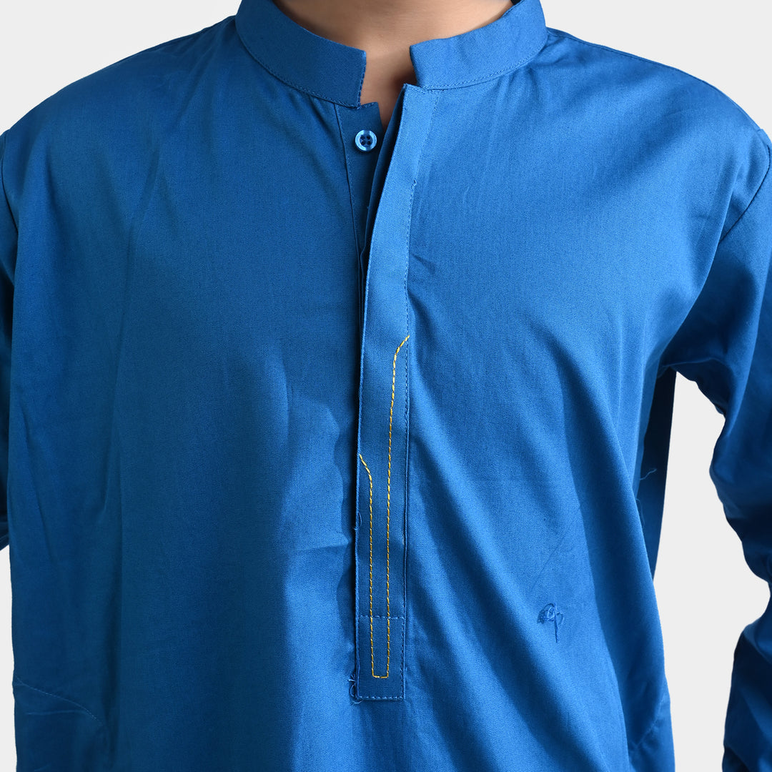 Boys Cotton Poplin Basic Kurta (Running Stitch)-Blue