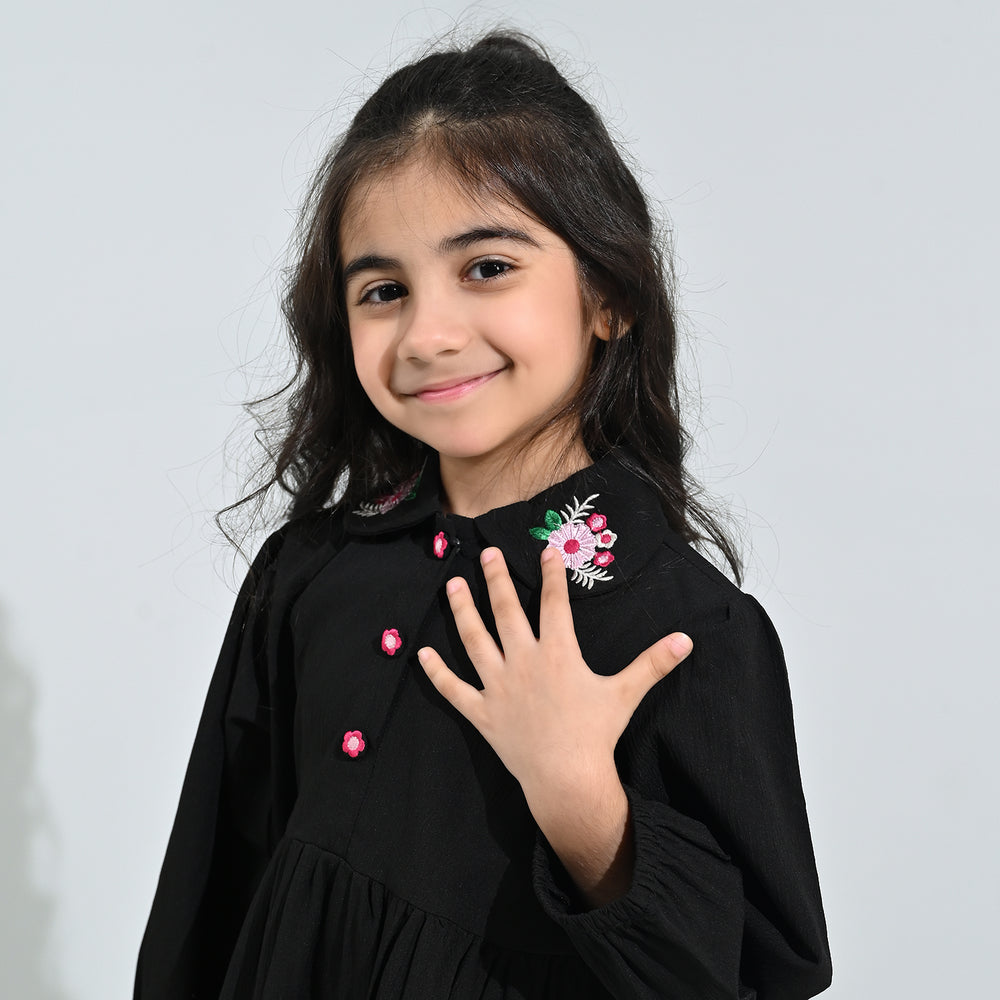 Girls Poly Crinkle Emb Frock-BLACK