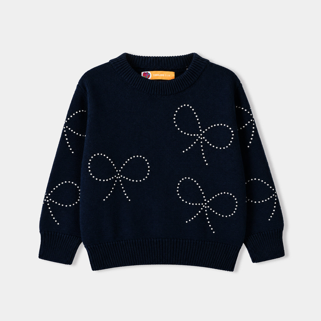 Girls Cotton Sweater Bow Studs-BLUE
