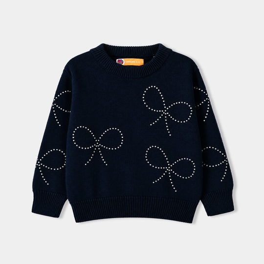 Girls Cotton Sweater Bow Studs-BLUE