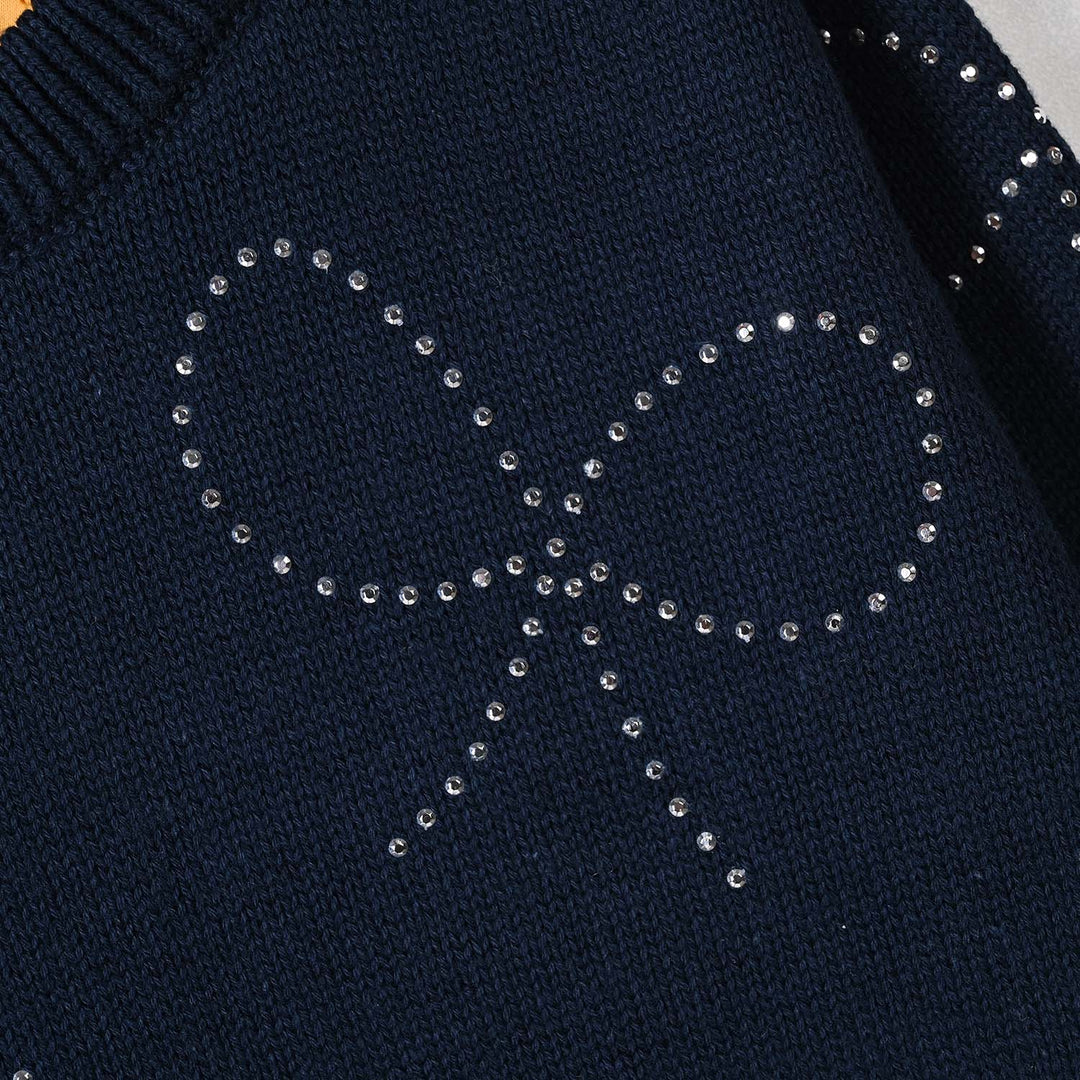 Girls Cotton Sweater Bow Studs-BLUE