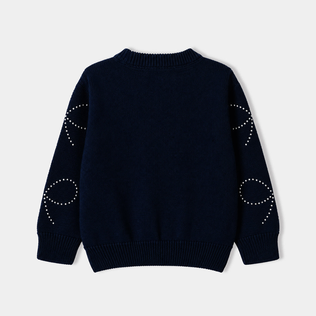 Girls Cotton Sweater Bow Studs-BLUE