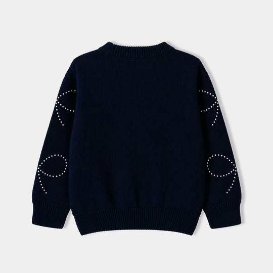 Girls Cotton Sweater Bow Studs-BLUE
