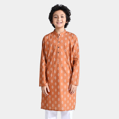 Boys Cotton Poplin Printed Kurta (Rust Tribal)-Rust