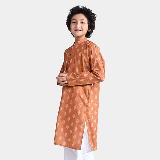 Boys Cotton Poplin Printed Kurta (Rust Tribal)-Rust