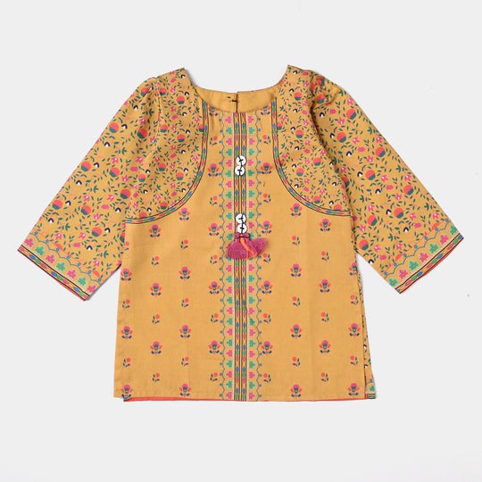 Infant Girls Cotton Poplin Printed Kurti-Mustard