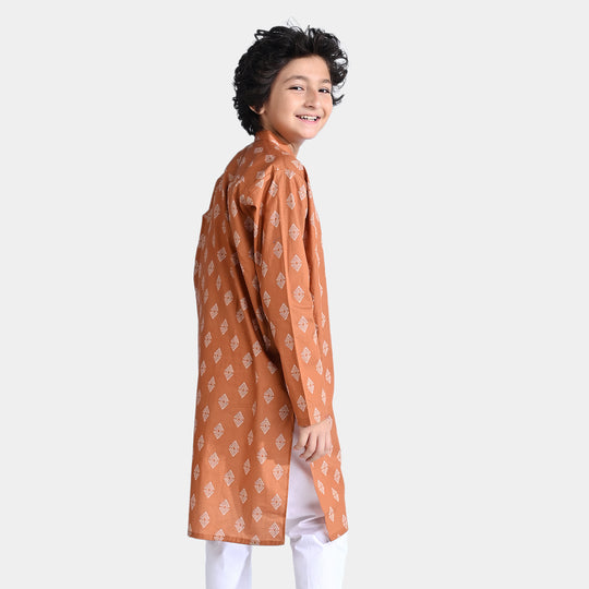 Boys Cotton Poplin Printed Kurta (Rust Tribal)-Rust