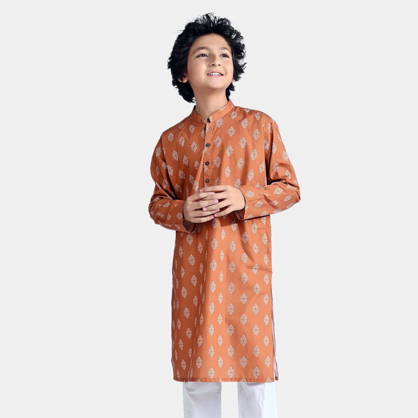 Boys Cotton Poplin Printed Kurta (Rust Tribal)-Rust