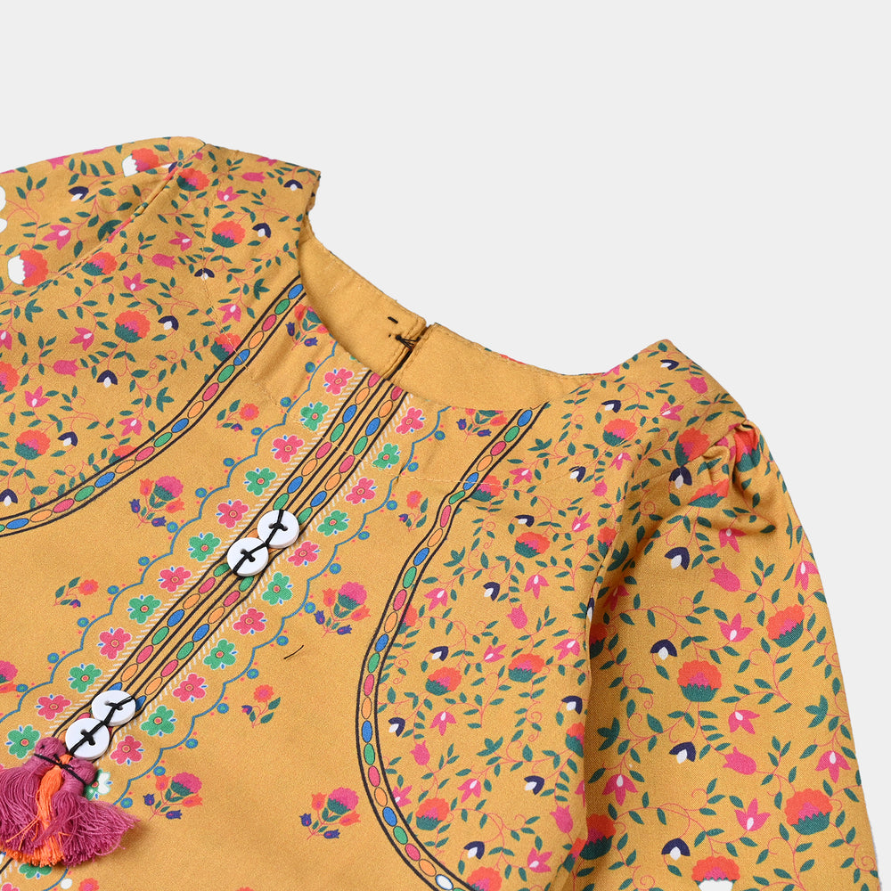 Infant Girls Cotton Poplin Printed Kurti-Mustard