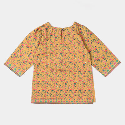 Infant Girls Cotton Poplin Printed Kurti-Mustard