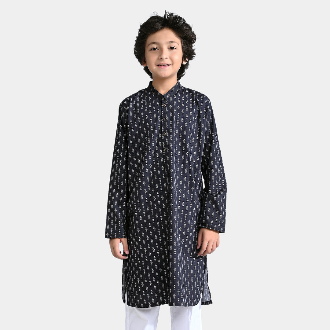 Boys Cotton Poplin Printed Kurta-BLACK