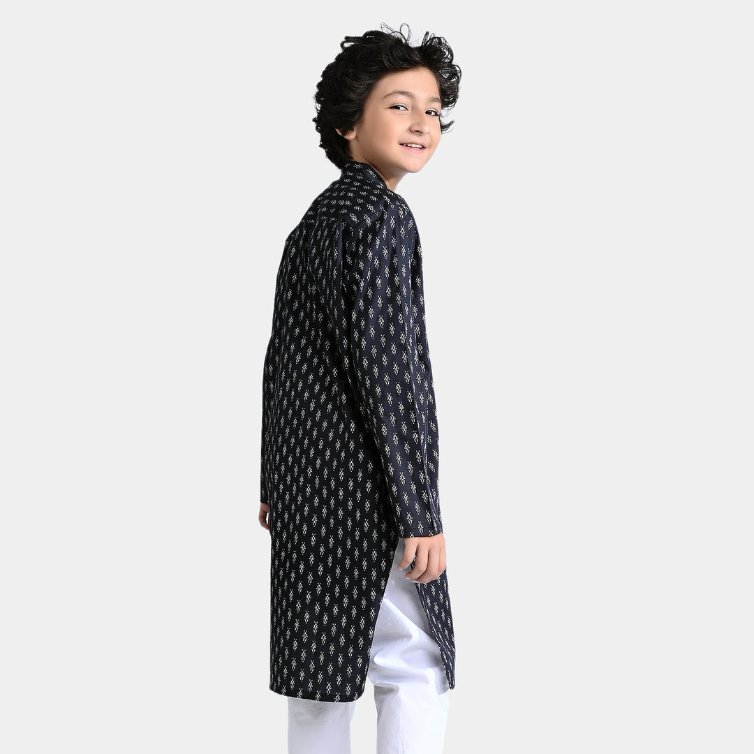 Boys Cotton Poplin Printed Kurta-BLACK