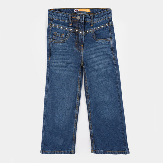 Girls Denim Stretch Pants Yoke Studs - Mid Blue