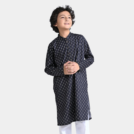 Boys Cotton Poplin Printed Kurta-BLACK