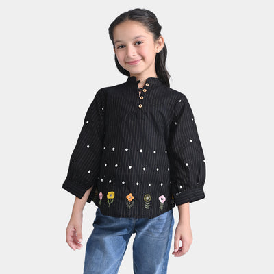 Girls Jacquard EMB Top Trible Flowers-BLACK