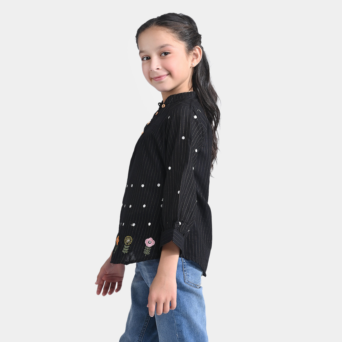 Girls Jacquard EMB Top Trible Flowers-BLACK