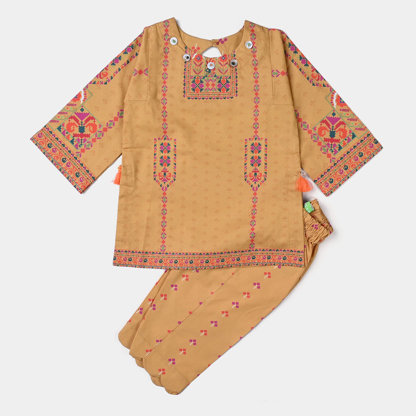 Infant Girls Cotton Poplin Printed 2 Pcs Suit Ethnic Style-Mustard