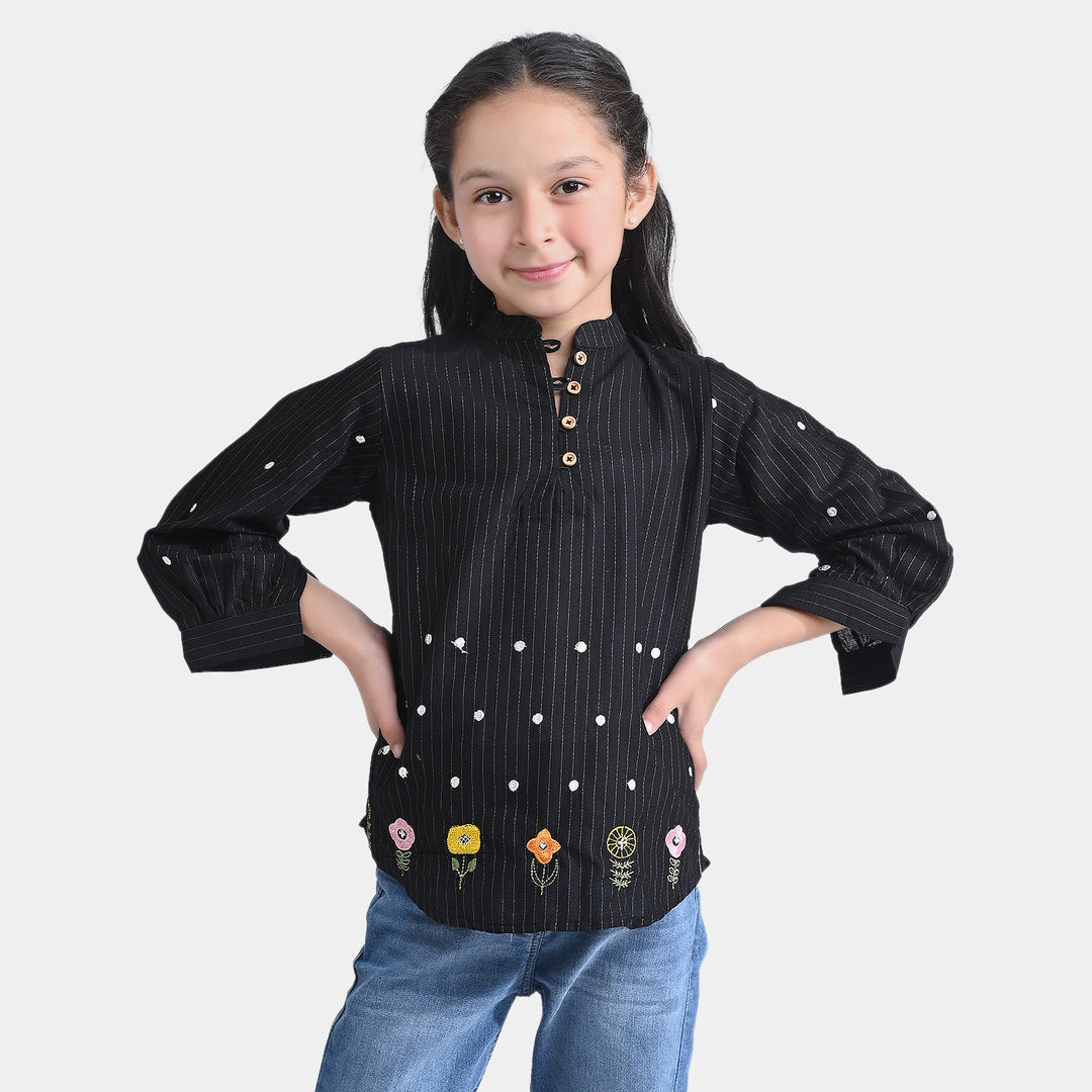 Girls Jacquard EMB Top Trible Flowers-BLACK