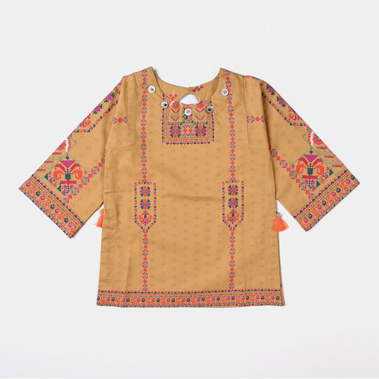 Infant Girls Cotton Poplin Printed 2 Pcs Suit Ethnic Style-Mustard