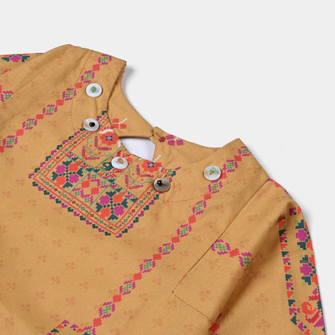 Infant Girls Cotton Poplin Printed 2 Pcs Suit Ethnic Style-Mustard