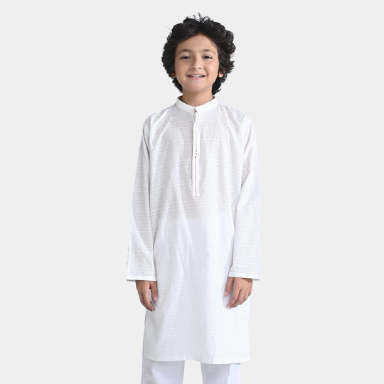 Boys Jacquard Embroidered Kurta-White