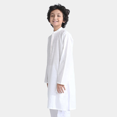 Boys Jacquard Embroidered Kurta-White