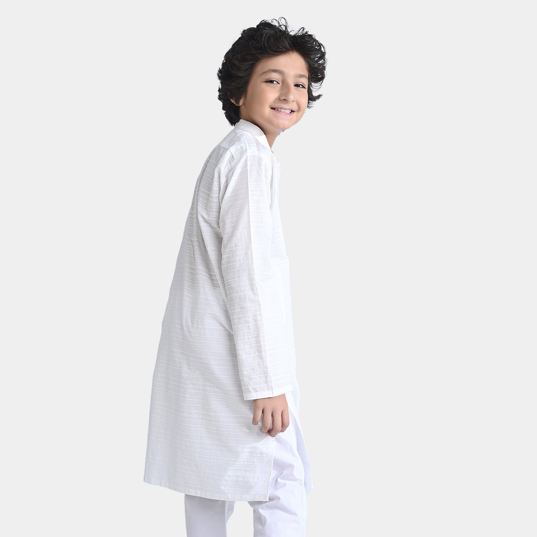 Boys Jacquard Embroidered Kurta-White