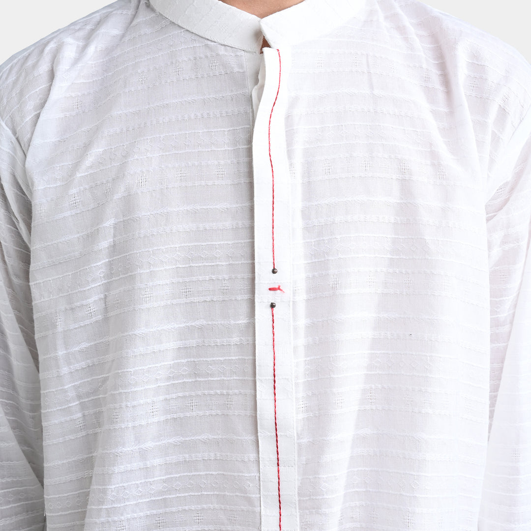 Boys Jacquard Embroidered Kurta-White