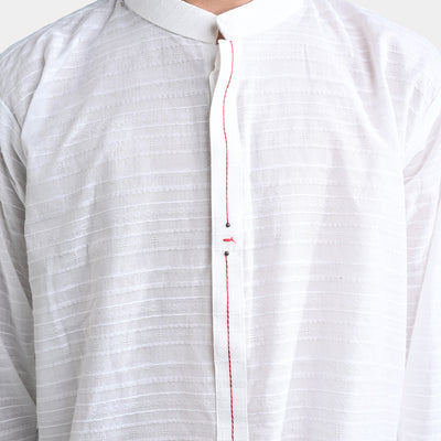 Boys Jacquard Embroidered Kurta-White