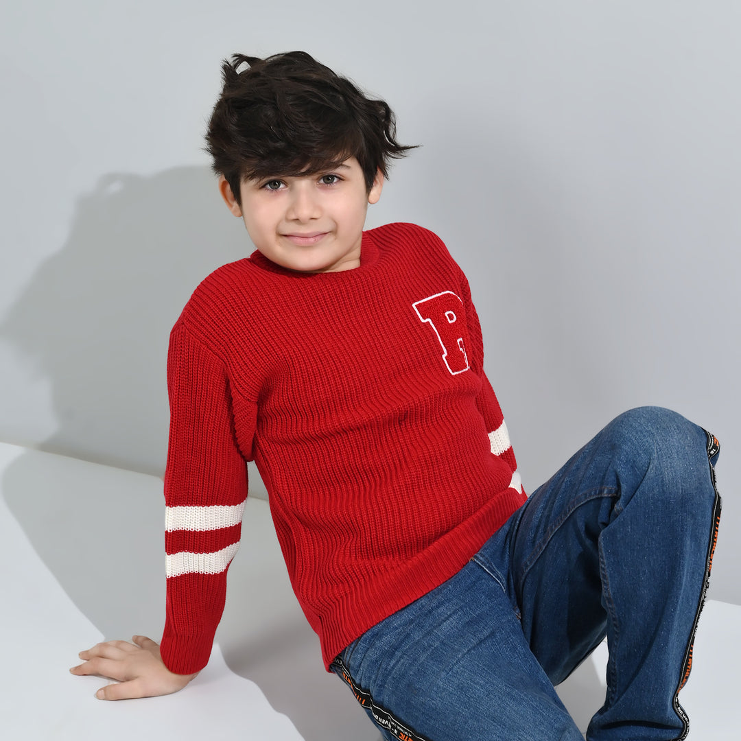 Boys Acrylic Sweater-Varsity - RED