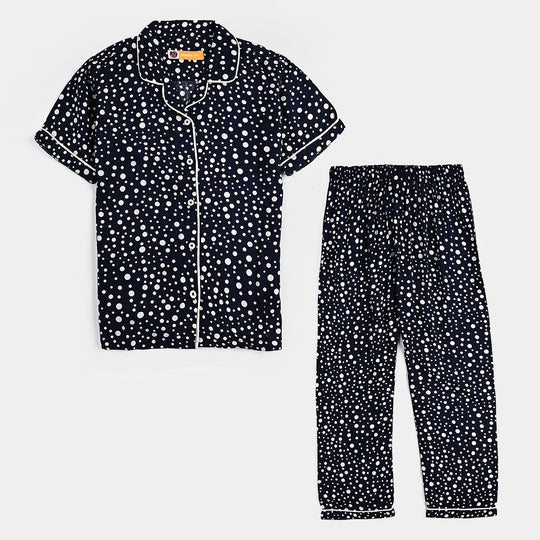 Girls Viscose Woven Nightwear Polka-NAVY