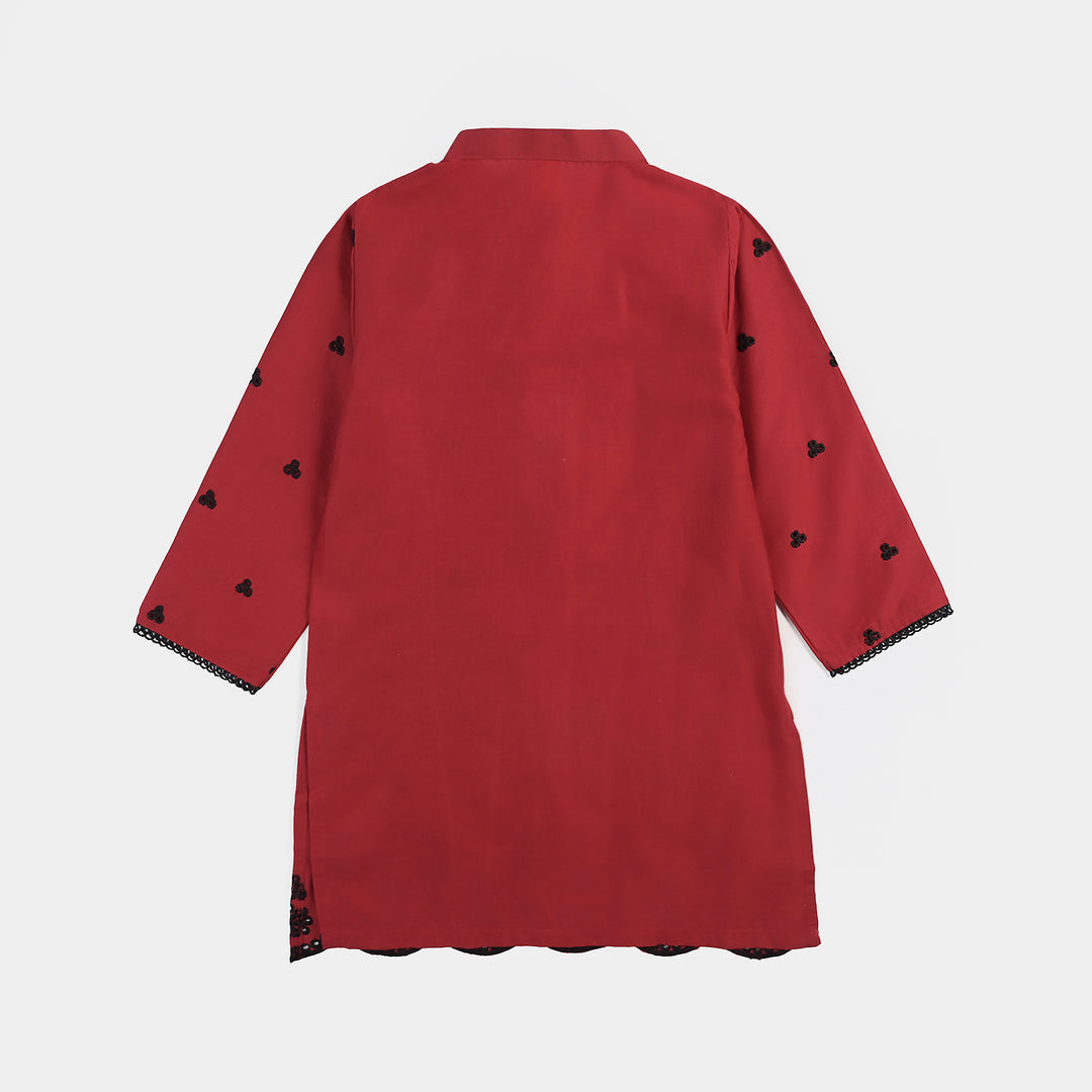 Girls Cotton Poplin Emb Kurti Schiffli-MAROON