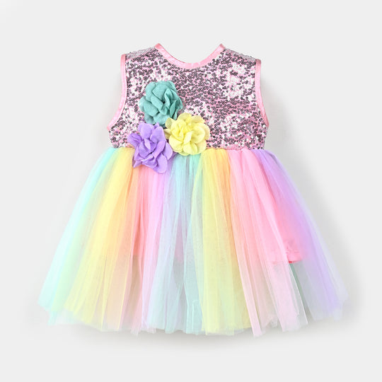 Girls Net Fancy Frock Unicorn-Multi