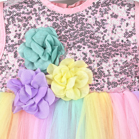 Girls Net Fancy Frock (Unicorn) - Multi