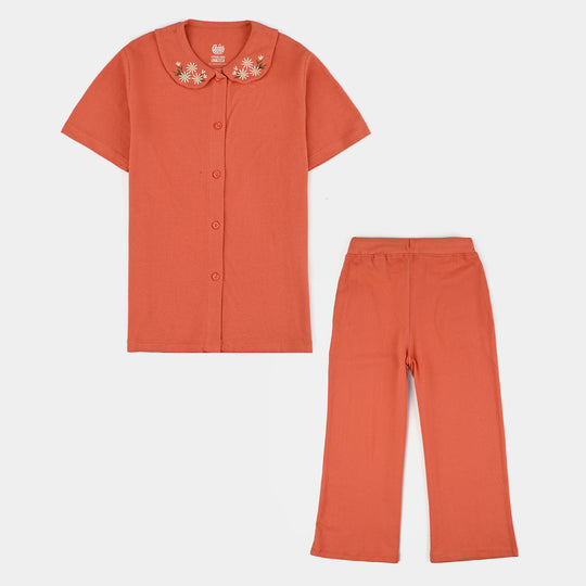 Girls Jersey/Terry 2 Piece Suit EMB Flower-Orange Rust