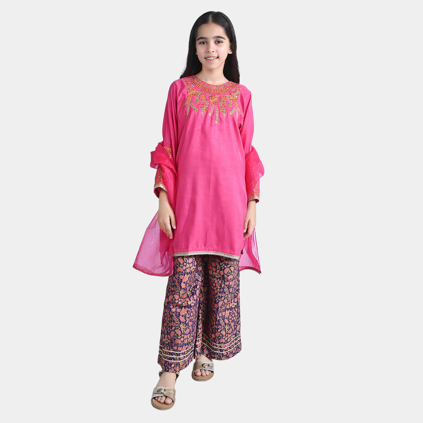 Girls Raw Silk 3PC Suit Husn-B.Pink