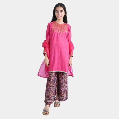 Girls Raw Silk 3PC Suit Husn-B.Pink